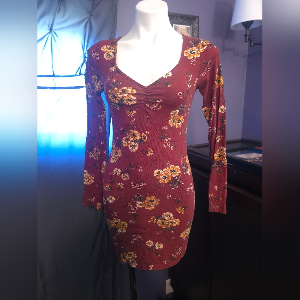 Wild Fable Burgundy Floral Long Sleeve Dress